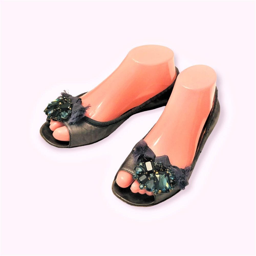 MIU MIU Silver Gray Leather Crystal Decoration Open Toe Ballet Flats Size 37.5